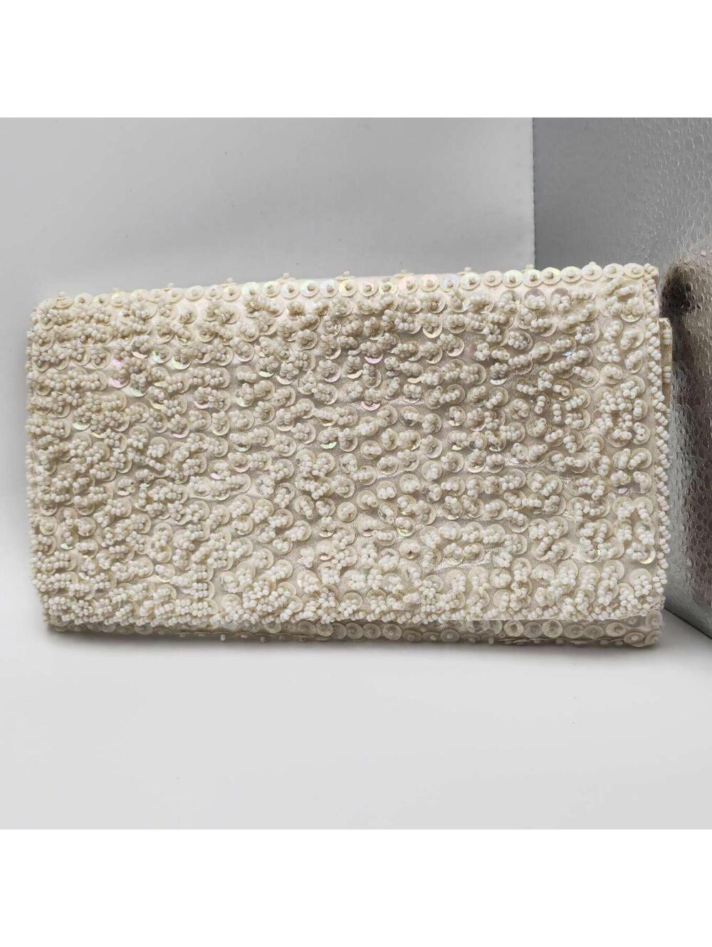 Vintage Cream Hand Sewn Beaded And Sequined Clutch 1950's